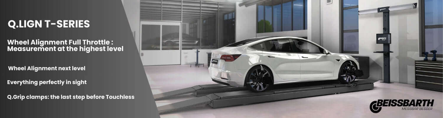 White car on a lift in a garage with beissbarth branding